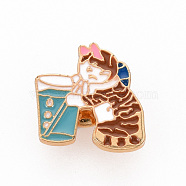 Rack Plating Alloy Enamel Brooches, Enamel Pins, with Brass Butterfly Clutches, Cat Drinking Water, Cadmium Free & Nickel Free & Lead Free, Light Gold, Colorful, 23.5x20mm, Pin: 1mm(JEWB-S011-157-NR)