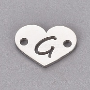 304 Stainless Steel Links, Heart with Letter, Stainless Steel Color, Letter.G, 9x12x1mm, Hole: 1.2mm(STAS-CJC0001-03G-P)