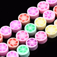 Handmade Polymer Clay Beads Strands, Flat Round with Flower, Mixed Color, 9~10x4~5mm, Hole: 1.4mm, about 40~42pcs/strand, 14.57 inch~14.96  inch(37~38cm)(X-CLAY-N008-019)