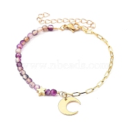Brass Charm Bracelets, with Dyed Natural Agate Beads and 304 Stainless Steel Lobster Claw Clasps, Moon, Golden, Indigo, 7-7/8 inch(20cm)(BJEW-JB05497-03)