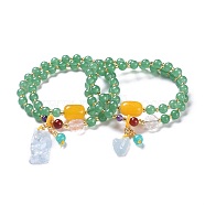 Two Loops Stretch Wrap Bracelets, with Dyed Jade and Beeswax, Carnelian & Aquamarine, Acrylic Beads, Green, 14.5 inch(37cm)(BJEW-I260-26)