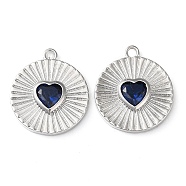 Real Platinum Plated Brass Pendants, with Glass, Flat Round with Heart Charms, Marine Blue, 17x15x3mm, Hole: 1.4mm(KK-F862-02P-03)