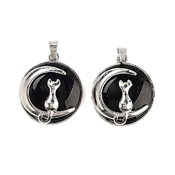 Glass Pendants, with Alloy Findings, Flat Round, Platinum, Moon with Cat, Black, 31x27x10.5mm, Hole: 6.5x3.5mm(FIND-A043-12P)