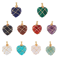 SUPERFINDINGS 10Pcs 10 Styles Natural & Synthetic Mixed Gemstone Pendants, Heart Charms with Rack Plating Golden Plated Copper Wire Wrapped, 28~28.5x20~21x8~9.5mm, Hole: 5x2.5mm, 1pc/style(G-FH0002-26)