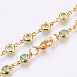 Faceted Glass Link Chain Necklaces, with Brass Findings, Flat Round, Sky Blue, Golden, 21.9 inch(55.5cm), 6mm(NJEW-F230-02G)