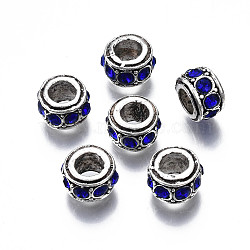 Alloy Rhinestone European Beads, September Birthstone Beads, Large Hole Beads, Cadmium Free & Lead Free, Fit European Bracelet Jewelry Making, Antique Silver, Rondelle, Capri Blue, 11x6.5mm, Hole: 5mm(MPDL-Q212-001A-RS)