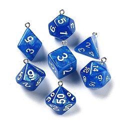 7Pcs 7 Styles Opaque Resin Polyhedral Dice Pendants Set, Multi-Sided Dice Charms with Platinum Plated Iron Loops, Mixed Shapes, Blue, 20~28x19~24x17~24mm, Hole: 2mm, 1pc/style(RESI-A029-01J)