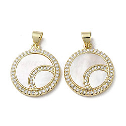 Brass Micro Pave Cubic Zirconia Pendants, with Shell, Flat Round, Real 18K Gold Plated, Moon, 20.5~21x18x2.5~3mm, Hole: 3.5x4mm(KK-G485-17A-G)