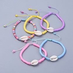Eco-Friendly Handmade Polymer Clay Heishi Beads Braided Bracelets, with Cowrie Shell Beads and Nylon Cord, Mixed Color, 2 inch~3-1/8 inch(5~8cm)(BJEW-JB04318)