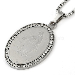 304 Stainless Steel Crystal Rhinestone Religion Virgin Mary Oval Pendant Box Chain Necklaces, Stainless Steel Color, 23.03 inch(58.5cm)(NJEW-D089-04P)