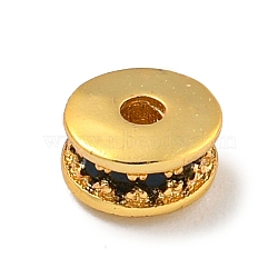 Brass Micro Pave Black Cubic Zirconia Beads, Flat Round, Real 18K Gold Plated, 6x3mm, Hole: 1.4mm(KK-G493-46G)