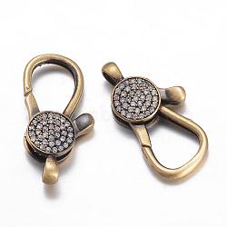 Brass Micro Pave Cubic Zirconia Lobster Claw Clasps, Antique Bronze, 25x14x4.5mm, Hole: 3x2mm(KK-P051-02AB)