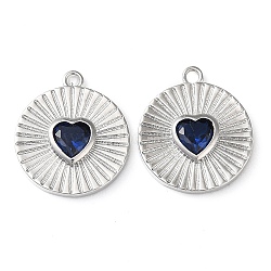 Real Platinum Plated Brass Pendants, with Glass, Flat Round with Heart Charms, Marine Blue, 17x15x3mm, Hole: 1.4mm(KK-F862-02P-03)