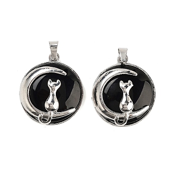 Glass Pendants, with Alloy Findings, Flat Round, Platinum, Moon with Cat, Black, 31x27x10.5mm, Hole: 6.5x3.5mm