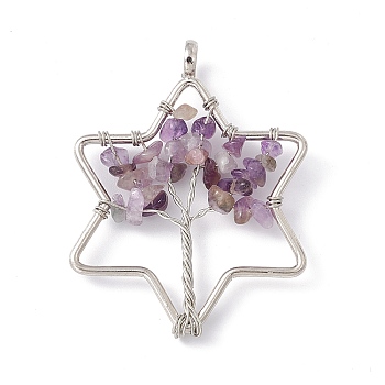 Star Natural Amethyst Copper Wire Wrapped Chip Big Pendants, Tree of Life Charm, with Platinum Tone Iron Findings, 59x46x8mm, Hole: 6.2mm