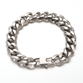 201 Stainless Steel Curb Chains Bracelets, with Lobster Claw Clasps, Faceted, Stainless Steel Color, 8-1/2 inch(215mm)