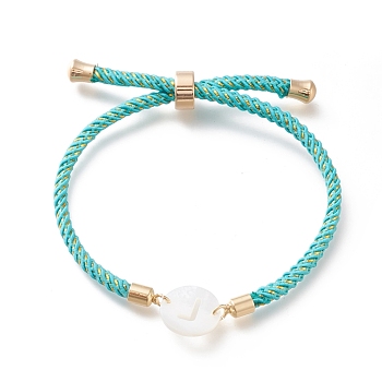 Adjustable Nylon Cord Slider Bracelets, Bolo Bracelets, with Natural White Shell Links and Golden Plated Brass Findings, Flat Round with Letter L, Cyan, Inner Diameter: 0.8~5.9cm