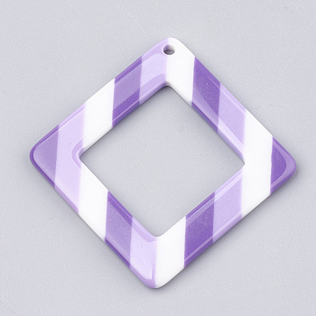 Resin Pendants, Rhombus with Stripe Pattern, Violet, 48.5x48.5x3~4mm, Hole: 1.5mm