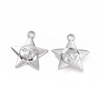 304 Stainless Steel Pendants, Star with Human Face Charm, Stainless Steel Color, 21x18.5x3mm, Hole: 2.5mm