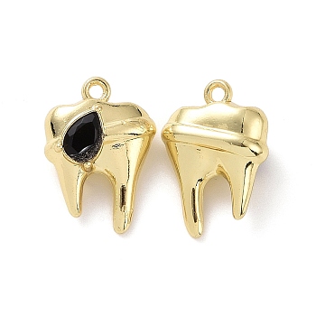 Rack Plating Alloy Glass Pendants, Cadmium Free & Lead Free & Nickle Free, Faceted, Tooth Charms with Teardrop, Light Gold, Black, 19x13.5x7mm, Hole: 1.4mm