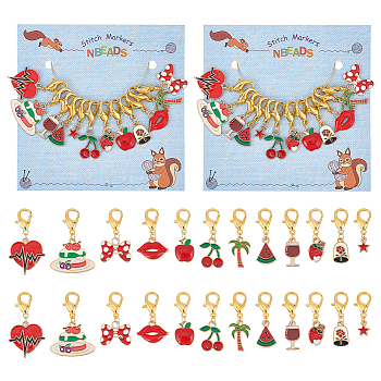 Red Series Stitch Markers, Alloy Enamel Crochet Lobster Clasp Charms, Locking Stitch Marker with Wine Glass Charm Ring, Star/Watermelon Slice/Apple, Mixed Color, 2.6~3.8cm, 12 style, 1pc/style, 12pcs/set