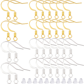 500Pcs 2 Colors Brass French Earring Hooks, Flat Earring Hooks, Ear Wire, with Horizontal Loop and 500Pcs Plastic Ear Nuts, Nickel Free, Golden & Silver, 17mm, Hole: 2mm, 21 Gauge, Pin: 0.7mm