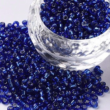 8/0 Glass Seed Beads, Silver Lined Round Hole, Round, Blue, 8/0, 3mm, Hole: 1mm, about 1111pcs/50g, 50g/bag, 18bags/2pounds