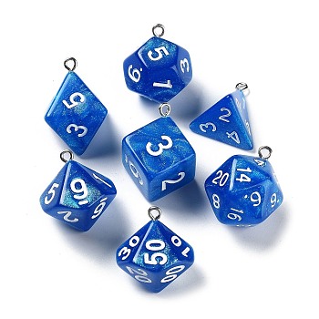 7Pcs 7 Styles Opaque Resin Polyhedral Dice Pendants Set, Multi-Sided Dice Charms with Platinum Plated Iron Loops, Mixed Shapes, Blue, 20~28x19~24x17~24mm, Hole: 2mm, 1pc/style