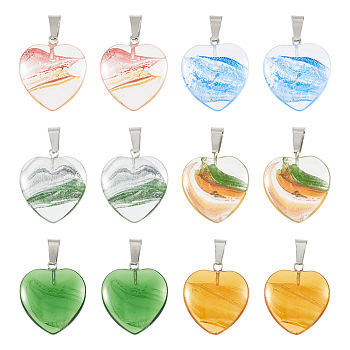 12Pcs 6 Colors Transparent Glass Pendants, Heart Charms, Mixed Color, 23x20.5x7mm, Hole: 7x4mm, 2Pcs/color