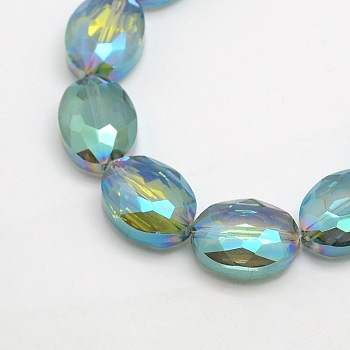 Faceted Electroplate Crystal Glass Oval Beads Strands, Rainbow Color Plated, Medium Aquamarine, 16x12x7mm, Hole: 1mm, about 50pcs/strand, 25.1 inch