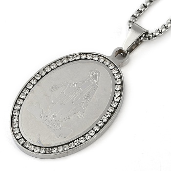 304 Stainless Steel Crystal Rhinestone Religion Virgin Mary Oval Pendant Box Chain Necklaces, Stainless Steel Color, 23.03 inch(58.5cm)