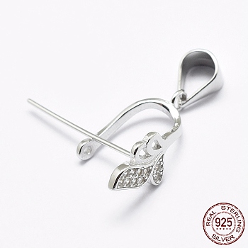 Rhodium Plated 925 Sterling Silver Micro Pave Cubic Zirconia Pendant Bails, Ice Pick & Pinch Bails, Leaf, Platinum, 17x6.5x19mm, Hole: 3x5mm, Pin: 0.6mm