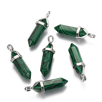 Dyed Synthetic Malachite Pointed Pendants, with Platinum Tone Random Alloy Pendant Hexagon Bead Cap Bails, Bullet, 36~40x12mm, Hole: 3x4mm, Gemstone: 8mm in diameter