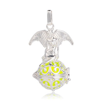 Silver Color Plated Brass Hollow Round Cage Pendants, with No Hole Spray Painted Brass Beads, Yellow, 47x30x21mm, Hole: 3x8mm