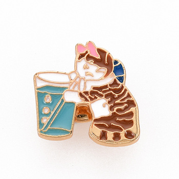 Rack Plating Alloy Enamel Brooches, Enamel Pins, with Brass Butterfly Clutches, Cat Drinking Water, Cadmium Free & Nickel Free & Lead Free, Light Gold, Colorful, 23.5x20mm, Pin: 1mm