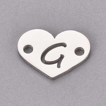 304 Stainless Steel Links, Heart with Letter, Stainless Steel Color, Letter.G, 9x12x1mm, Hole: 1.2mm