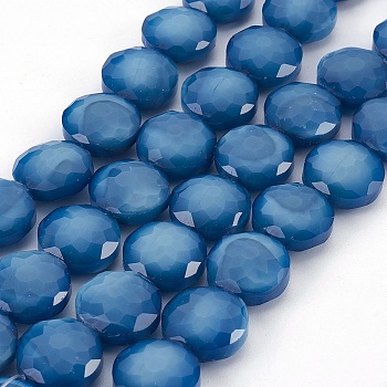 Pearl Luster Plated Glass Bead Strands, Faceted Flat Round, Dodger Blue, 13.5~14x7~8.5mm, Hole: 1~1.4mm, about 24~25pcs/strand, 13.7 inch