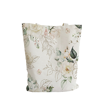 Flower Printed Canvas Women's Tote Bags, with Handle, Shoulder Bags for Shopping, Rectangle, Floral White, 66.5cm, Bag: 39.5~40x32.5~33x0.2cm