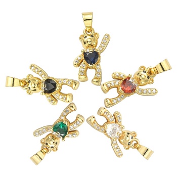 5Pcs 5 Colors Brass Clear Cubic Zirconia Pendants, Long-Lasting Plated, Bear, Real 18K Gold Plated, 17x11x4mm, Hole: 3.5mm, 1pc/color