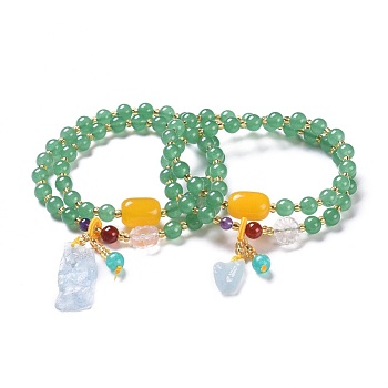 Two Loops Stretch Wrap Bracelets, with Dyed Jade and Beeswax, Carnelian & Aquamarine, Acrylic Beads, Green, 14.5 inch(37cm)