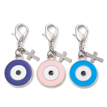 Alloy Enamel Pendant Decoration, with Alloy Clasp, Flat Round with Evil Eyes, Mixed Color, 42mm, 3pcs/set