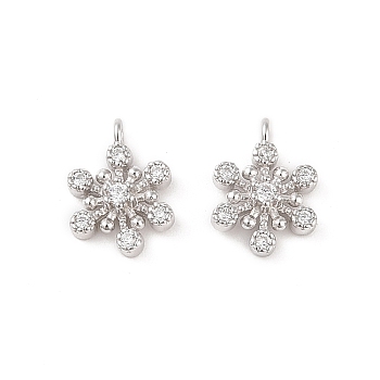Rhodium Plated 925 Silver Pave Clear Cubic Zirconia Snowflake Charms, with 925 Stamp, Real Platinum Plated, 11x8x2.5mm, Hole: 1.2mm
