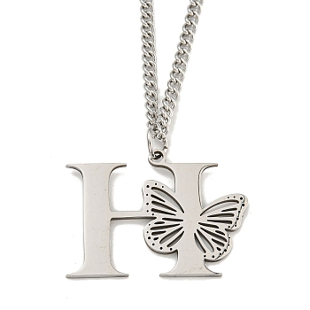 201 Stainless Steel Necklaces, Letter H, 23.74 inch(60.3cm) p: 26x35x1.3mm