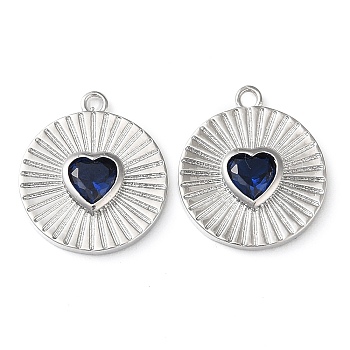 Real Platinum Plated Brass Pendants, with Glass, Flat Round with Heart Charms, Marine Blue, 17x15x3mm, Hole: 1.4mm