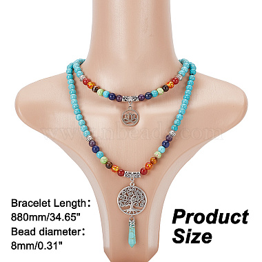 Synthetic Turquoise Bullet & Alloy Tree & Lotus Stone Pendant Necklace(NJEW-AB00016-01)-2