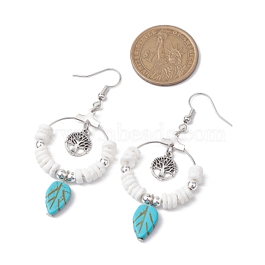 Natural Sea Shell Beads and Synthetical Dyed Turquoise Leaf Pendants Earrings(EJEW-JE05921)-3