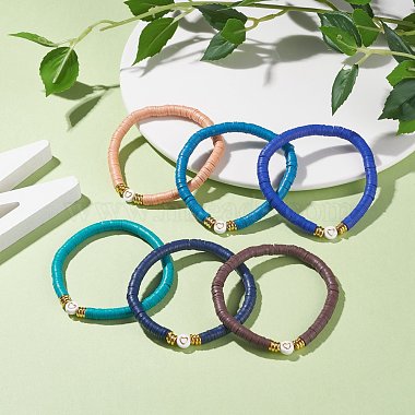 NBEADS Love Stretch Bracelets Set, Glass & Acrylic & Polymer Clay Beads Bracelets, Surfer Heishi Bracelet for Teen Girl Women, Green