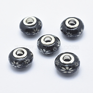 Handmade Polymer Clay European Beads, Large Hole Beads, Rondelle with Flower Pattern, Black, 13~16x8~11mm, Hole: 4.5~5mm(CLAY-K002-A24)