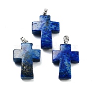 Natural Lapis Lazuli Pendants, Religion Cross Charms with Rack Plating Platinum Tone Brass Snap on Bails, 35x23x9mm, Hole: 7x4mm(G-A231-02D)