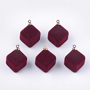 Flocky Acrylic Pendants, with Brass Findings, Cube, Golden, Dark Red, 24x17.5x17mm, Hole: 1.6mm(FIND-T046-30-05)